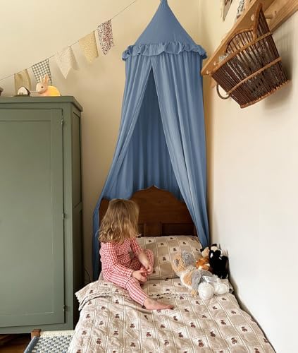 Kids Bed Canopy with Frills Cotton Cover Net for Crib Reading Nook Curtain Hideaway Hanging Round Tent Nursery Bedding Play Room Decor
