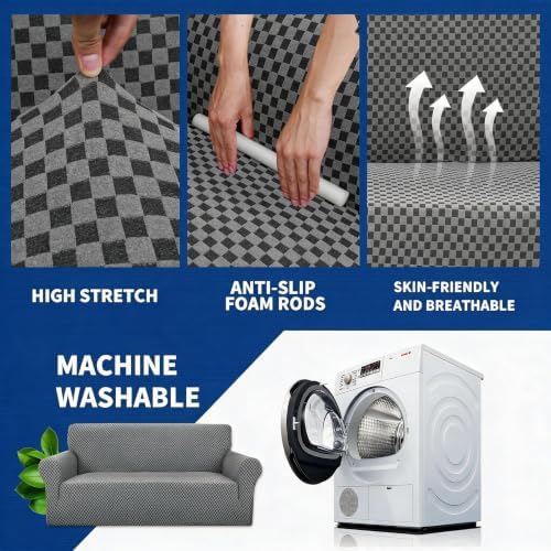 YEMYHOM Couch Cover Latest Jacquard Design High Stretch Sofa Covers for 3 Cushion Couch, Pet Dog Cat Proof Slipcover Non Slip Magic Elastic Furniture Protector (Large, Dark Gray Checkered)