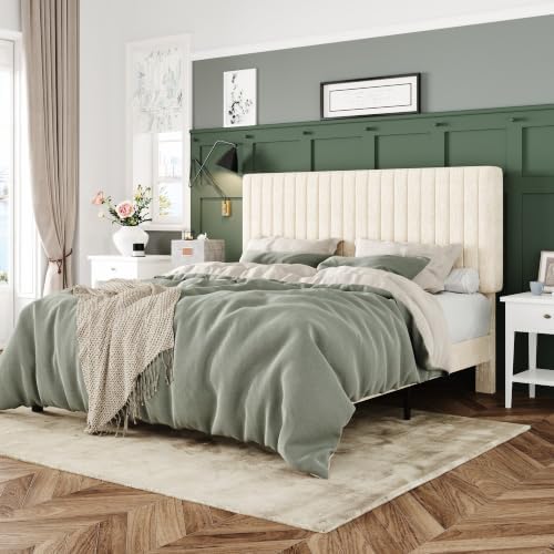 Allewie Full Bed Frame, Upholstered Platform Bed with Adjustable Vertical Channel Tufted Headboard, Mattress Foundation with Strong Wooden Slats, Box Spring Optional, Easy Assembly, Cream White