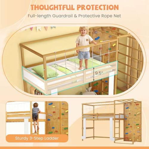 GIANTEX Twin Bunk Bed with Jungle Gym, 4-in-1 Wooden Loft Bed with Climbing Ladder, Rock Wall & Monkey Bar, Montessori Playhouse Bed with Full Length Guardrail & Wood Slat Support for Kids (Natural)