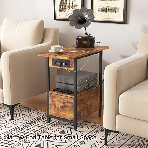 LIDYUK End Table with Charging Station, Narrow Side Table with Drawer