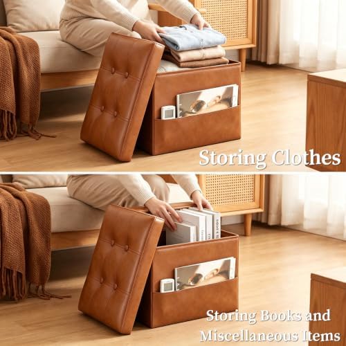 Storage Ottoman, Small Folding Foot Stools Ottoman for Dorm, Light Brown