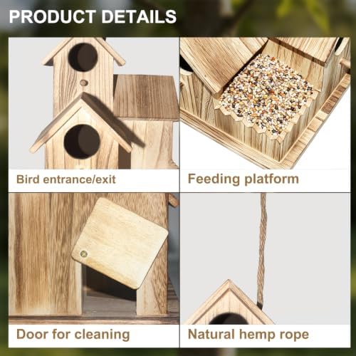 Large Wooden Bird House for Outside, 3-Hole Birdhouse, Outdoor Bird Nesting Box for Bluebird Chickadee Finch Wren, Perfect for Garden Courtyard Decoration