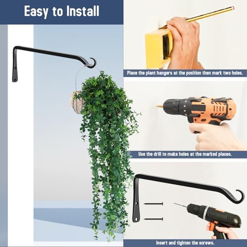FEED GARDEN Heavy Duty Plant Hooks - 2 Pack 12 Inch Wall Mounted Hanging Brackets, 48lb Capacity Steel Plant Hangers for Bird Feeders, Baskets, Wind Chimes Outdoor Indoor- Black