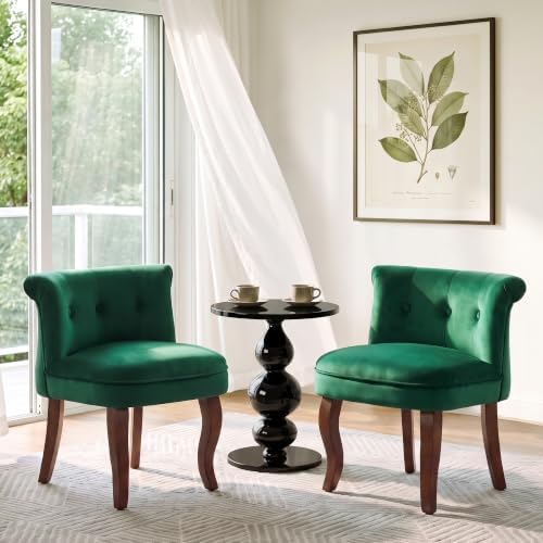 WUTUTUEE Velvet Vanity Chair with Back, Tufted Upholstered Vanity Stool with Solid Wood Legs, Mid Century Small Makeup Chair for Vanity, Accent Chair for Bedroom, Living Room, Green