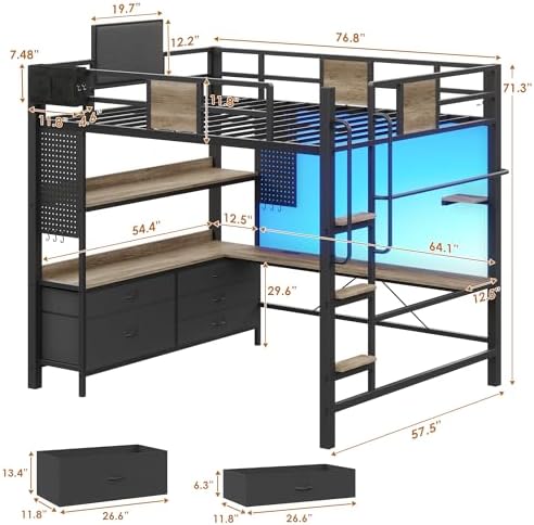 Full Loft Bed with Desk and 5 Storage Drawers, Oak Gray