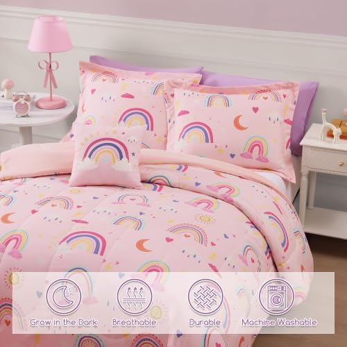 Queen Size Comforter Set for Girls-4 Pieces Rainbow Glow in the Dark