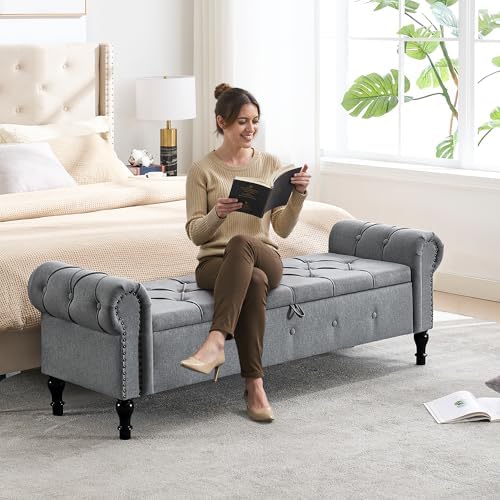 Storage Bench 67" Linen End of Bed Benches Grey