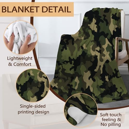Throw Blanket for Couch,Camouflage Plush Fall Throw,Army Green Soft Fluffy Blanket for Sofa Decoration,Flannel Fleece Blanket for Naps,Reading,Traveling,Camping,50 X 60 Inch