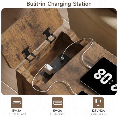 ONBRILL Farmhouse End Table with Charging Station,Rustic Brown