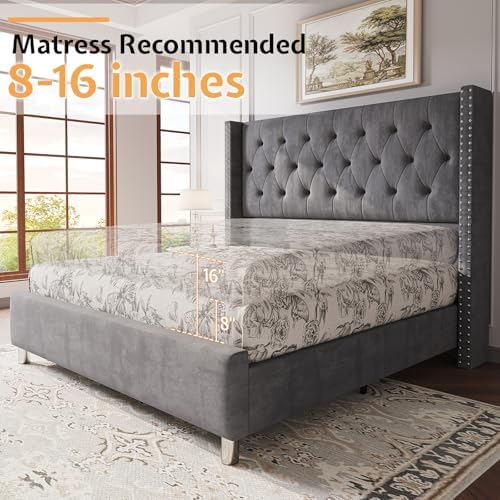 Jocisland Queen Bed Frame with Headboard, 49.2" Velvet Tufted, Gray