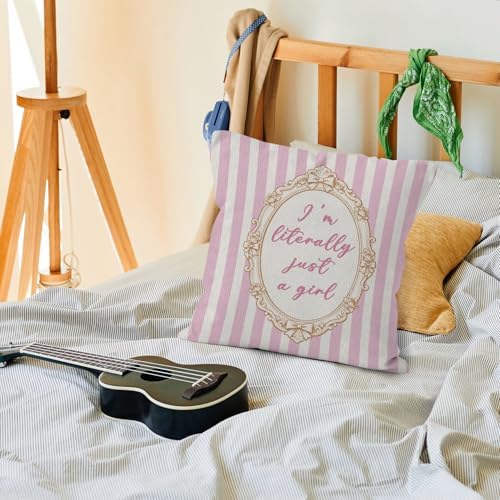 Preppy Pink Striped Girl Nursery Throw Pillow Cover 18x18, I'm Literally Just a Girl Decorative Pillow Covers for Girls Room Bedroom Dorm, Girly Pink Aesthetic Accent Pillows Cover Pillowcases
