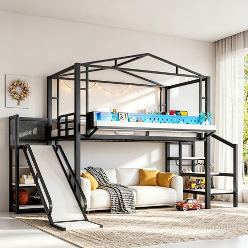 Bellemave Twin Size Metal House Loft Bed with Slide and Stairs,Black