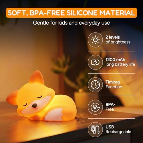 Fox Night Light for Kids Ages 3+, Squishy Silicone Fox Lamp with 20-Minute Timer, Rechargeable Animal Nightlight with 2 Brightness Levels