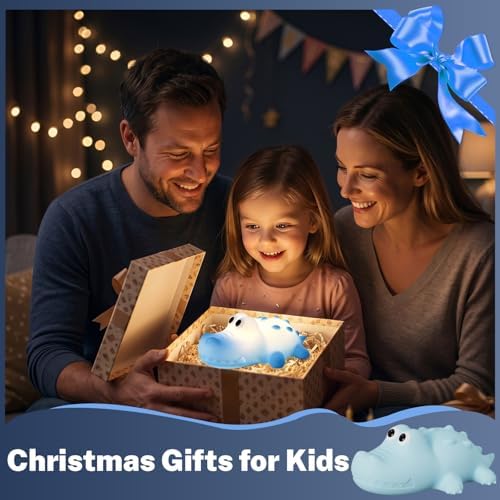 AVEKI Crocodile Night Light for Kids, Silicone Touch Bedside Lamp (Blue)