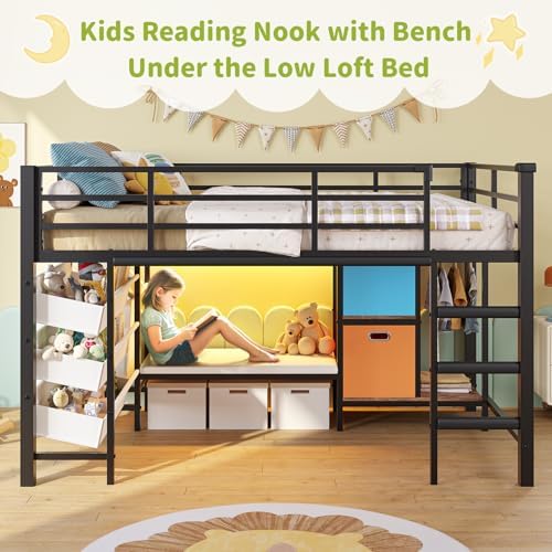 DICTAC Low Loft Bed Twin Size with Storage Bins and Reading Corner, Black