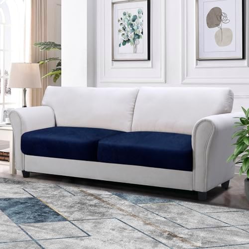 Loveseat Cushion Covers Leather-Look 2PC Stretch Love Seat Slipcover Sets for Living Room Individual Couch Seat Protector, Pet-Friendly, Non-Slip, Easy Fit - Navy