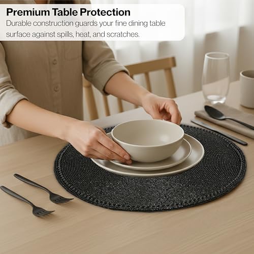 Beaded Round Placemats - Beaded Table Mats with Polyester Backing for Dining Table, Wedding, Christmas, Holiday, Party Decor - Handmade Glass Bead Charger 13" (Black) - ALPHA Living HOME (Pack of 2)