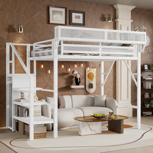 Twin Size Metal Loft Bed Frame with Convertible Staircase, White