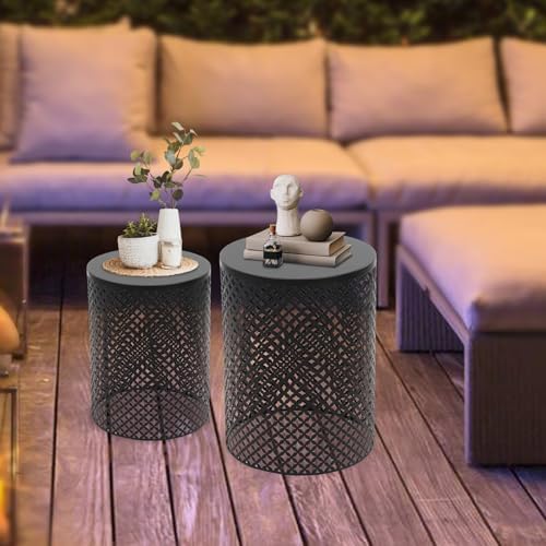 Metal Frame Accent Table,Cylindrical Outdoor Side Table,Decorative Garden Stool,Set of 2 Nesting Side Table,Modern Decorative Garden Stool for Patio Balconies Cafes Parks (2, Black)