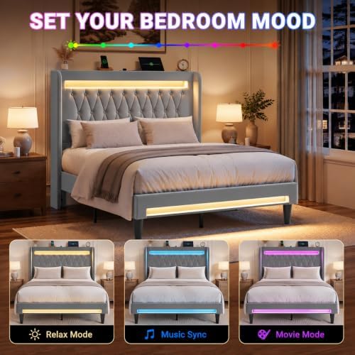 Allewie Full Size Upholstered Bed Frame with LED & Charging Station, Gray