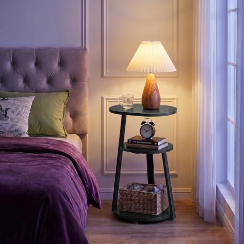 Kalrin Side Table, Small End Table with Metal Frame, 3-Tier Bedside Tables, Round Side Tables for Living Room Bedroom Couch Bathroom, Oval, Pure Black