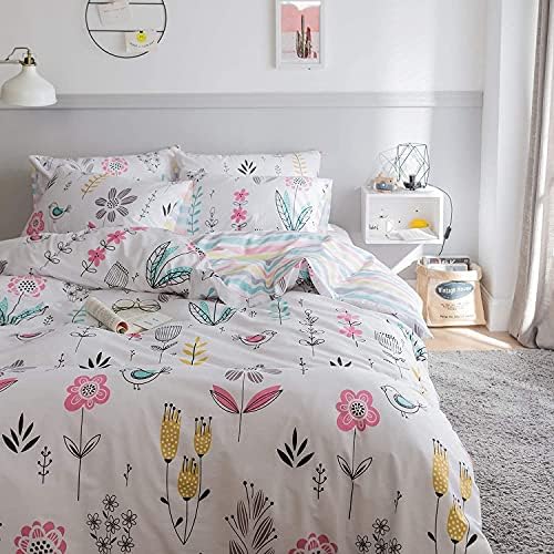 BuLuTu Floral Bird Print Pattern Girls Duvet Cover Twin White Premium Cotton Nature Blossom Colorful Reversible Kids Bedroom Comforter Cover Bedding Sets for Teen Toddler,Zipper Closure