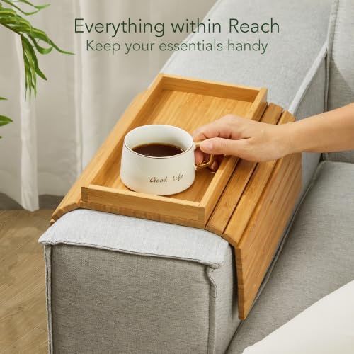 DETOR Couch Tray with Spacious 12.4" x 5.4" Storage Box, Natrual Bamboo Finish, Enhanced Non-Slip Felt Bottom, Sturdy Bamboo Slats, Fits Armrests 6" and Wider