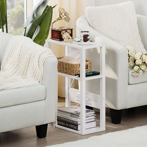 YUFAM 3-Tier Narrow Bedside Table with Charging Station, Skinny Nightstand