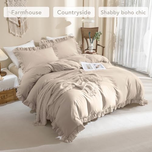 3Pcs Washed Cotton Ruffle Duvet Cover King Size,Beige Khaki Linen Like Shabby Farmhouse Vintage Boho Chic Comforter Cover French Country Rustic Ruffled Bedding Set Soft Breathable Quilt Cover Set