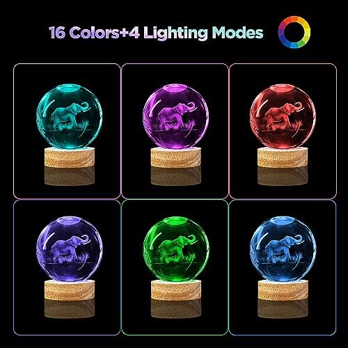 3D Elephant Crystal Ball Night Light With 16 Color Wooden Base, Upgraded 3.15 Inch Glass Ball Lamp With Remote for Birthday Holiday Xmas, Cool Toy Decor Gifts for Boys Girls Kids