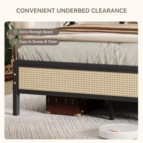 IMMERSTABLE Rattan Full Size Bed Frame with Headboard, Boho Full Metal Platform Bed Frame with Steel Slats, Under Bed Storage, Rounded Corners, No Box Spring Needed, Quiet Design, Easy Assembly, Black