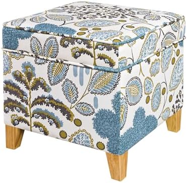 Adeco 18 Inch Linen Storage Ottoman Cube, Upholstered Footstool for Living Room & Bedroom, Vanity Stool with Safety Hinge Lid & Solid Wood Legs, 2-Min Assembly, Blue Leaves