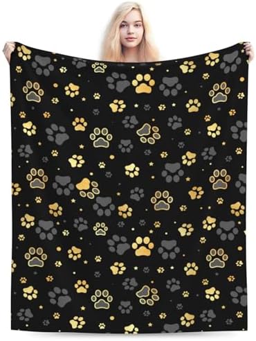 Gold Dog Paw Print Fleece Throw Blanket Ultra Soft Cozy Decorative Flannel Blanket for Home Bed Couch Chair Travel 50x40in