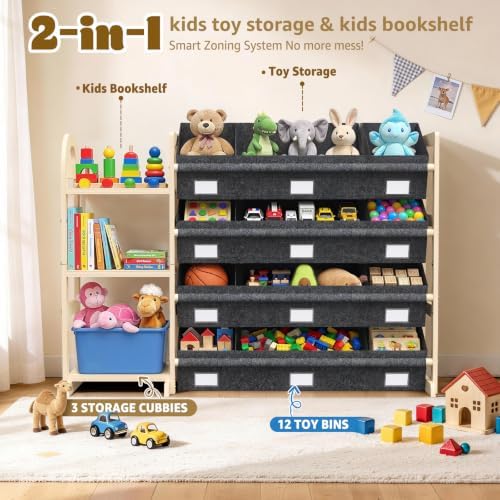 Toy Storage Organizer with 3 Shelves and 12 Bins, Bookshelf/Bookcase, Kids Bin Shelf, Toys Box for Playroom Organization for Bedroom & Room, 47.4" W