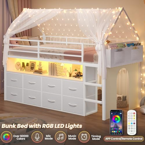 Low Loft Bed Twin Size with 8 Storage Drawers, LED House Loft Bed