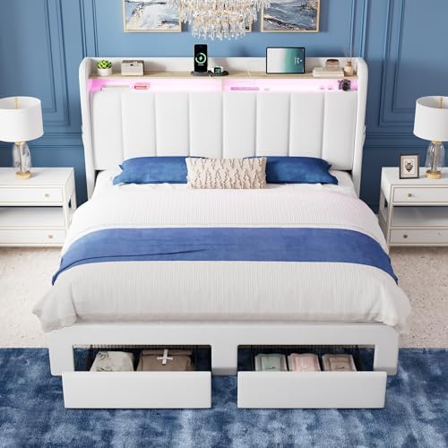 Allewie Full Size Bed Frame with 2-Tier Storage Headboard & 2 Large Drawers