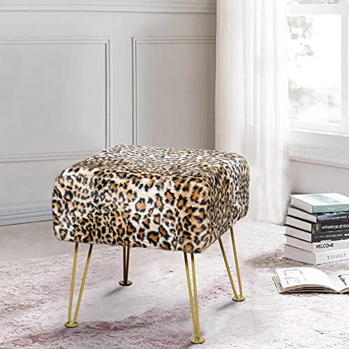Leopard Print Square Ottoman 17"x17"x17" Faux Fur Entryway Bench Footrest Stool Accent Seating Cheetah Furry Ottoman Bedroom Vanity End of Bed for Bathroom Living Room Decor