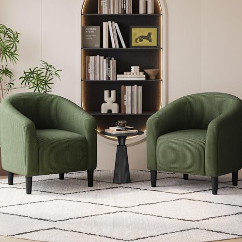 Yaheetech Small 25.5in Wide Corduroy Barrel Accent Chair, Dark Green