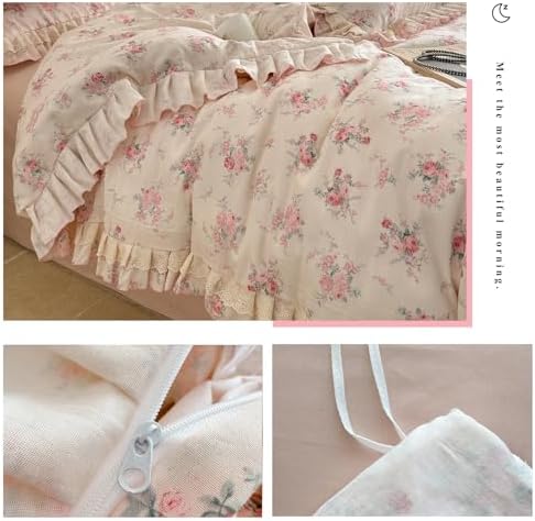 Pink Flower Duvet Cover Set Muslin Cotton Queen(90"x90"),Rose