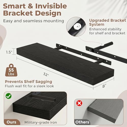 32 Inch Floating Shelves for Wall, 8"D Wood Storage Shelves, Black Finish