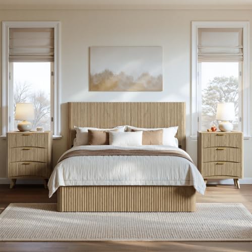 Evermagin Queen Bedroom Set, Storage Bed Frame & 3-Drawer Nightstands, Oak