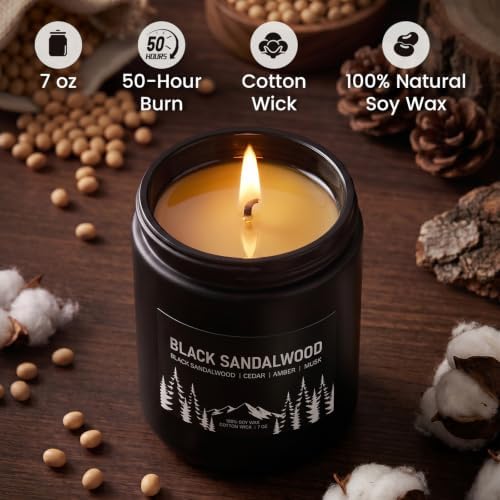 Auelife Black Sandalwood Scented Candle for Men, 7oz Soy Wax 50-Hour Burn