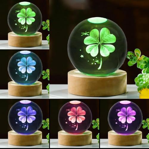 80mm Four Leaf Clover 3D Crystal Ball, Remote Control, LED Light Base, 16 Colors Change, Glass Sphere Lamp, Good Luck Gifts for Women Kids
