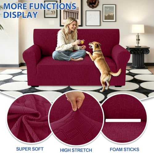 MAXIJIN Waterproof Loveseat Cover Couch Covers (55"-69"), Stretch Love Seat Sofa Slipcovers with Non Slip Elastic Bottom, Dog Pet Friendly Furniture Protector Washable (Medium, Wine Red)