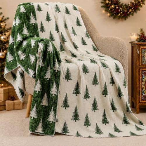 Hahafelt Green Christmas Tree Chenille Throw Blanket 50x60 Soft Couch