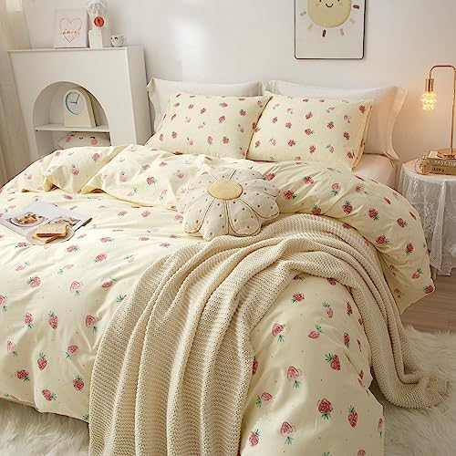 Strawberry Duvet Cover Set 100% Cotton,Queen(90"x90"),Cream