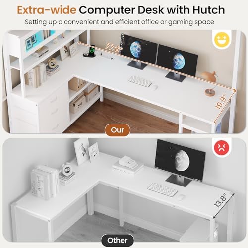 DICTAC Twin Loft Bed with L-Shaped Desk,Bookshelf and Glass Cabinet,Gaming Loft Bed Twin Size with Led Lights,Hutch and Charging Station,Metal Loft Beds for Teen with Safety Guardrail and Stair,White