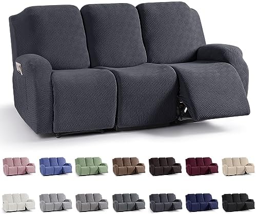 KinCam Recliner Covers, Stretch Reclining Chair Covers, Recliner Sofa Slipcovers Stripe Jacquard Recliner Couch Covers Furniture Protector Covers for Pet Kid (3 Seater, Charcoal Gray)