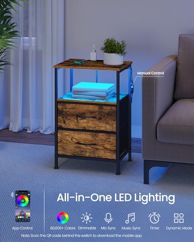 SONGMICS Nightstand with Charging Station, 2 Fabric Drawers